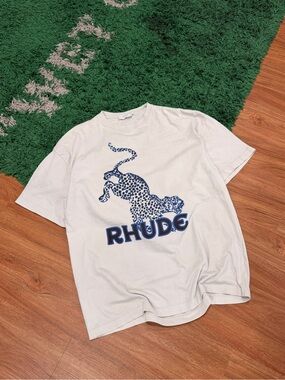 Rhude Beige Tee with Blue Leopard Graphic